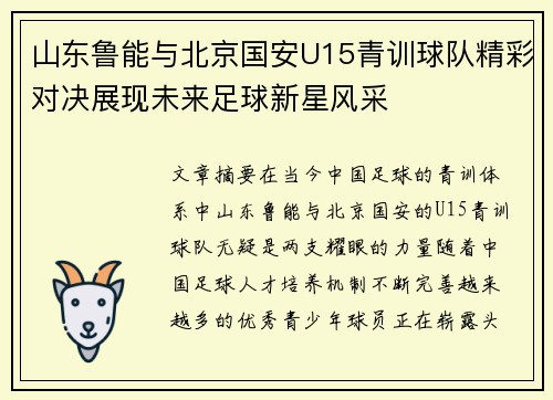 山东鲁能与北京国安U15青训球队精彩对决展现未来足球新星风采
